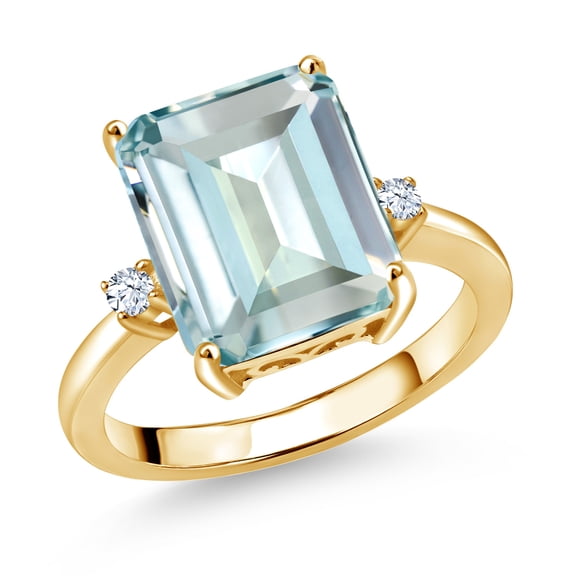 Gem Stone King 18K Yellow Gold Plated Silver 12X10MM Sky Blue Simulated Aquamarine 3 Stone Engagement Ring for Women | 5.47 Cttw | Gemstone March Birthstone | Size 7