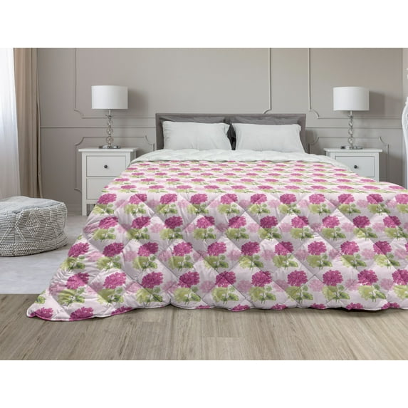 Geraniums Down Alternative Comforter, Modern Retro Image of Repeating Colorful Flowers with Leaves from Summer, Microfiber Quilt for All Season, 5 Sizes, White Multicolor, by Ambesonne