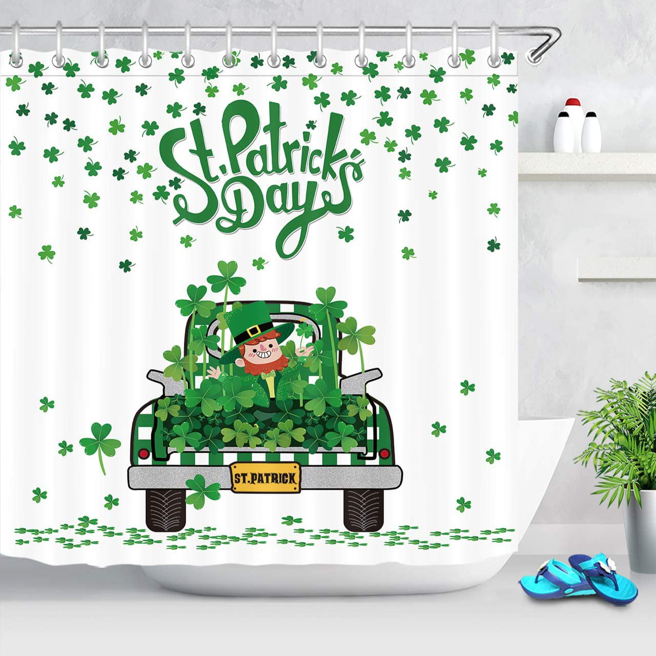 Patrick's Day Falling Green Clover Leafs Polyester Fabric Shower Curtain Set St 