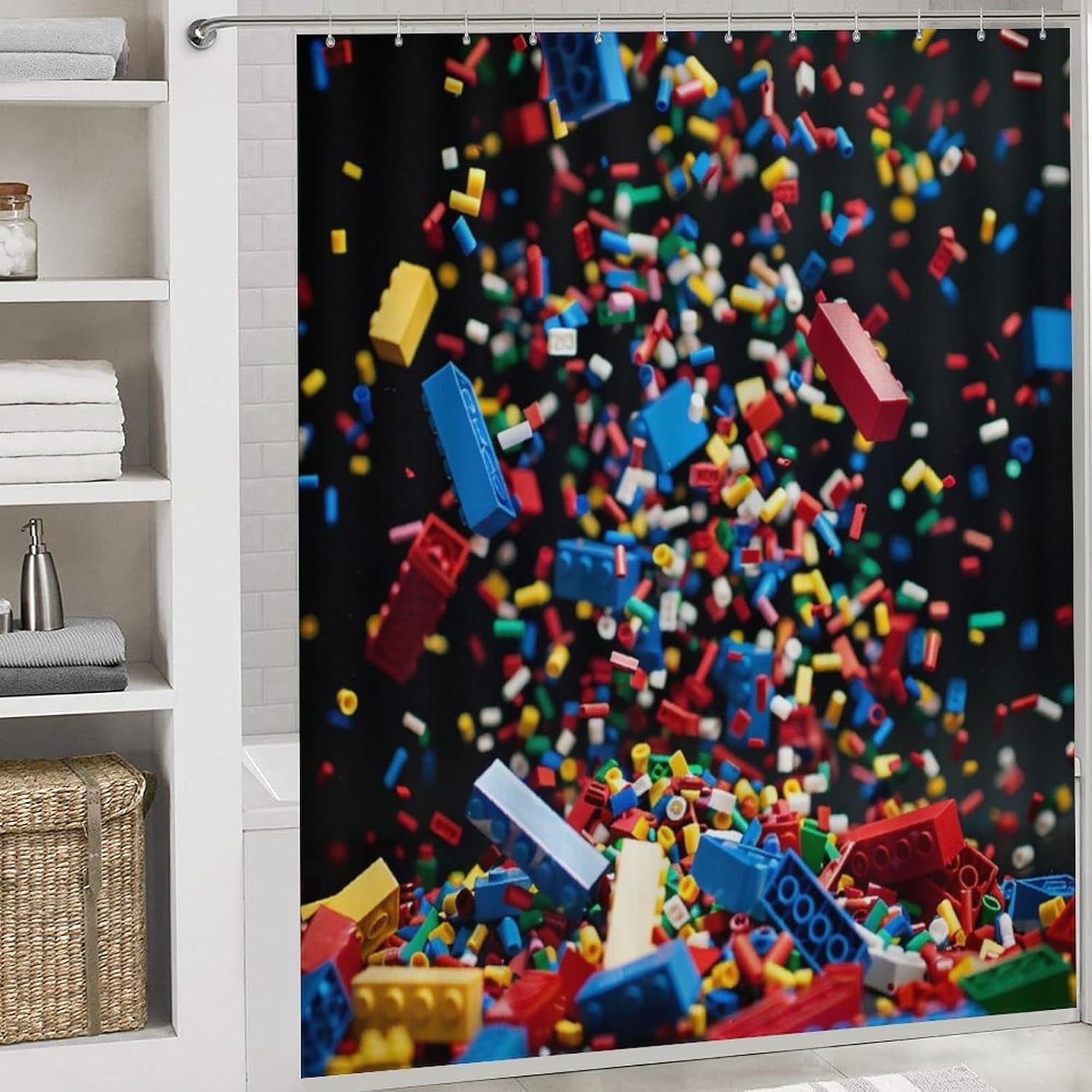 4Pcs Colorful Building Block Brick Shower Curtain Sets with Rugs, Toilet Lid Cover and Bath Mat, Geometric Bathroom Shower Curtains Set with 12 Hooks