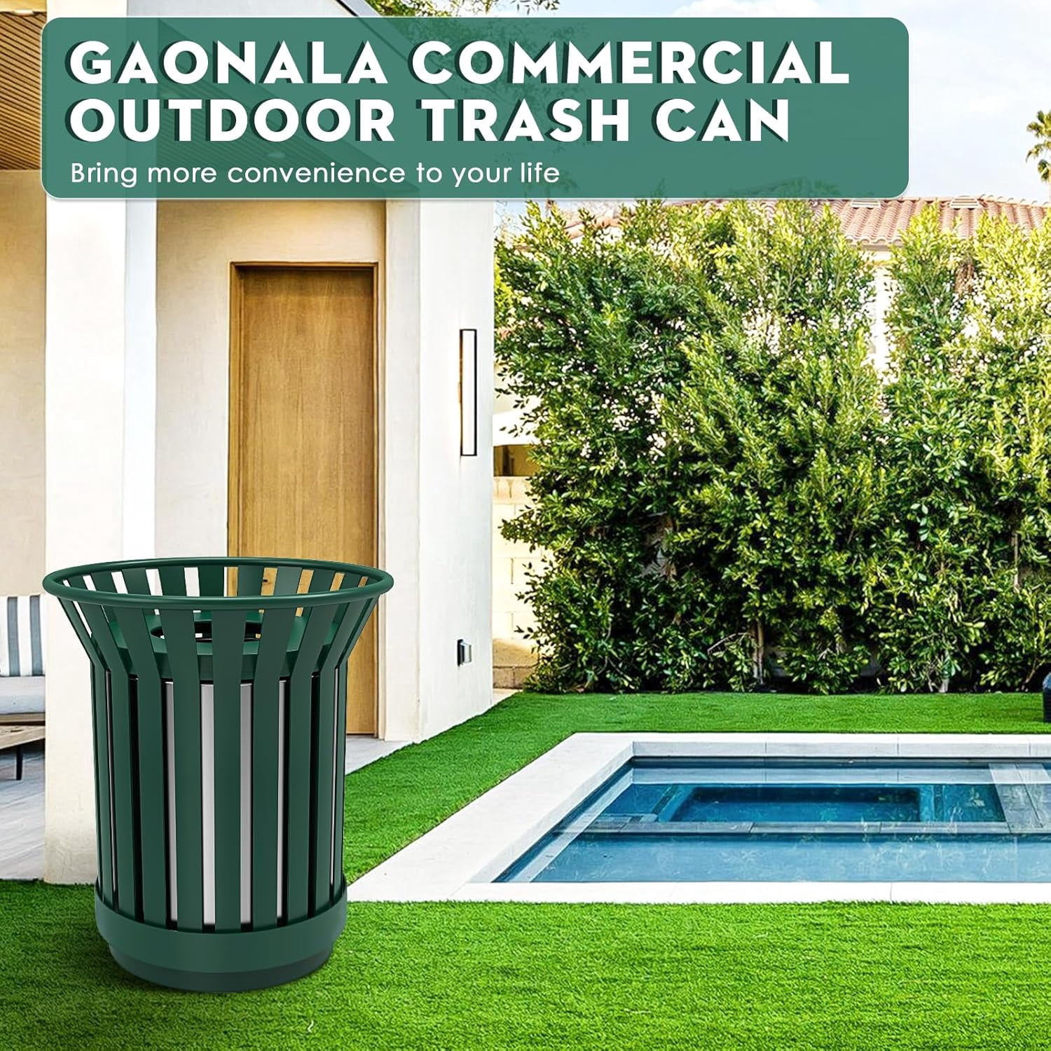 Gaonala Outdoor Metal Slatted Trash Can 30 - 52 Gallon Commercial Grade with Removable Inner Bin Waste Receptacle in Park School Beach Patio(Green)