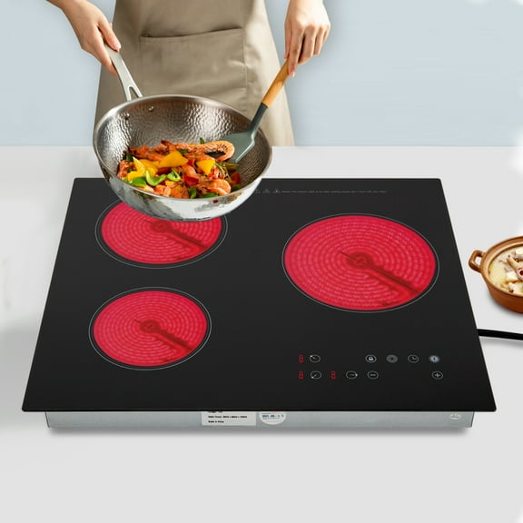 Electric Ceramic Cooktop, 24inch 3 Burners Electric Cooktop with Time Adjustable Function 9 Heating Levels Electric Stove Top