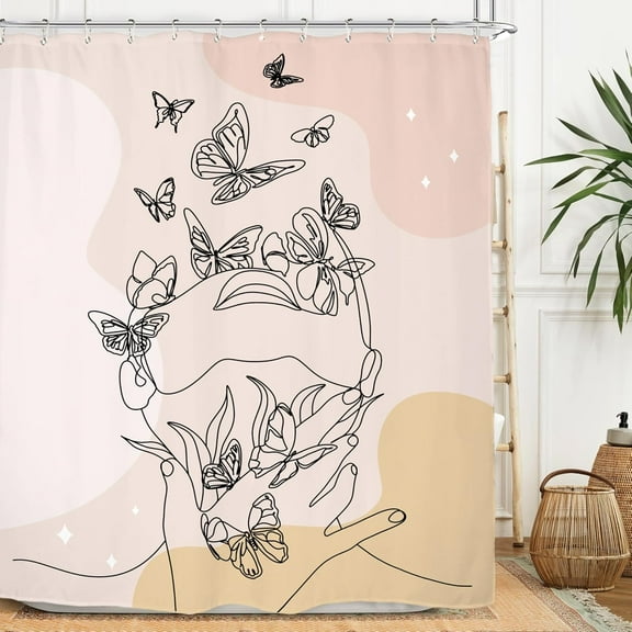 Abstract Face Minimalist Shower Curtain Set 72Wx72H Inches Modern Aesthetic Blush Line Art Butterfly Waterproof Bathroom Curtain with 12 Hooks