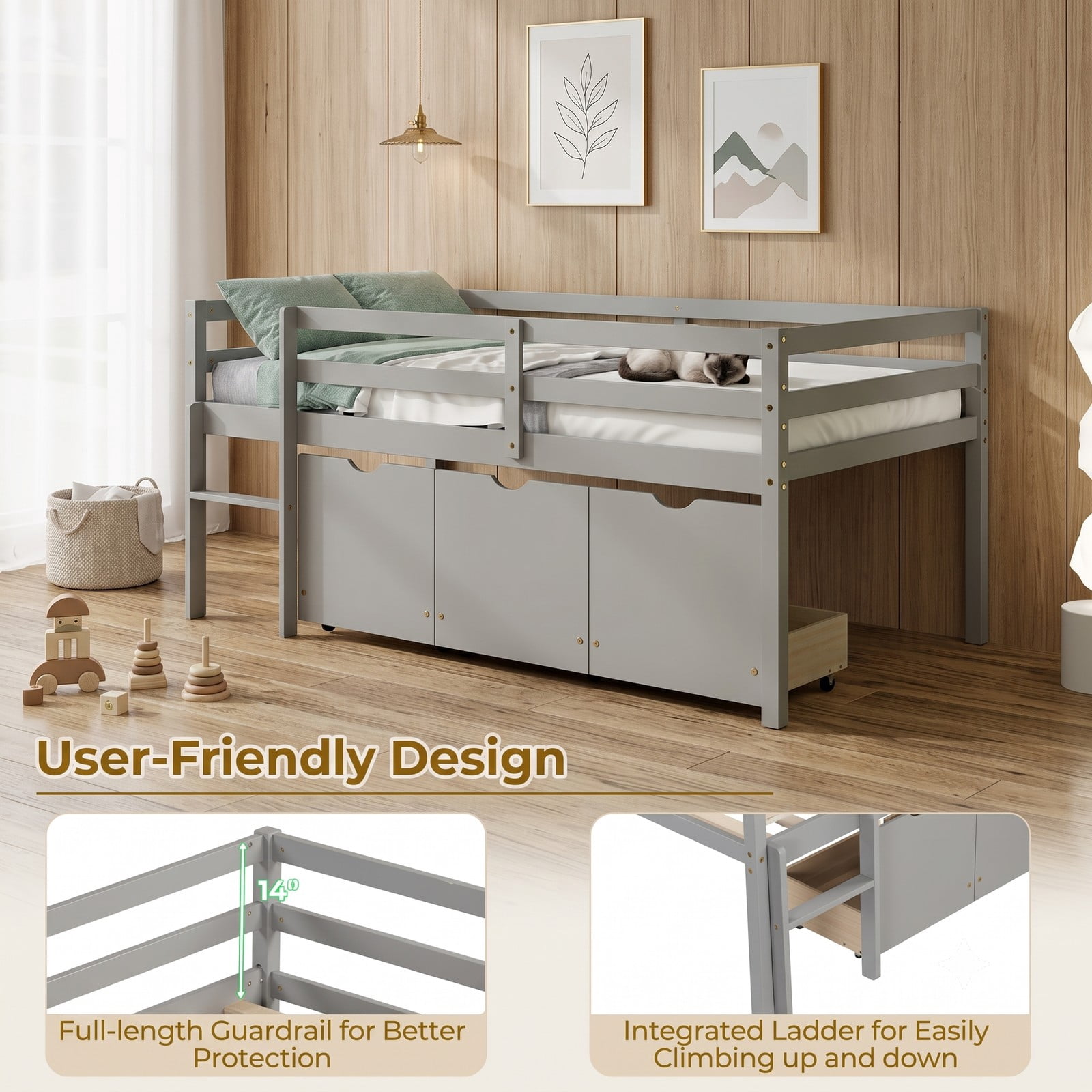 Furnibear Twin Size Low Loft Bed with 3 Drawers and Full-length Guardrails for Kids Bedroom, Wood Loft Bed with Storage and Ladder, Gray