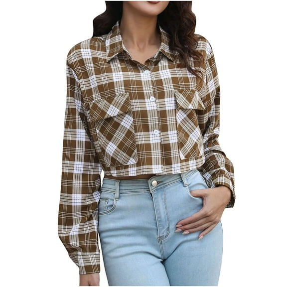 fheaev Plaid Jacket for Women Flannel Shacket Jacket Casual Plaid Button Down Long Sleeve Loose Coat Lapel Navel Short Top Open Front Cardigan Fall Clothes 2024 Fashion Outfits