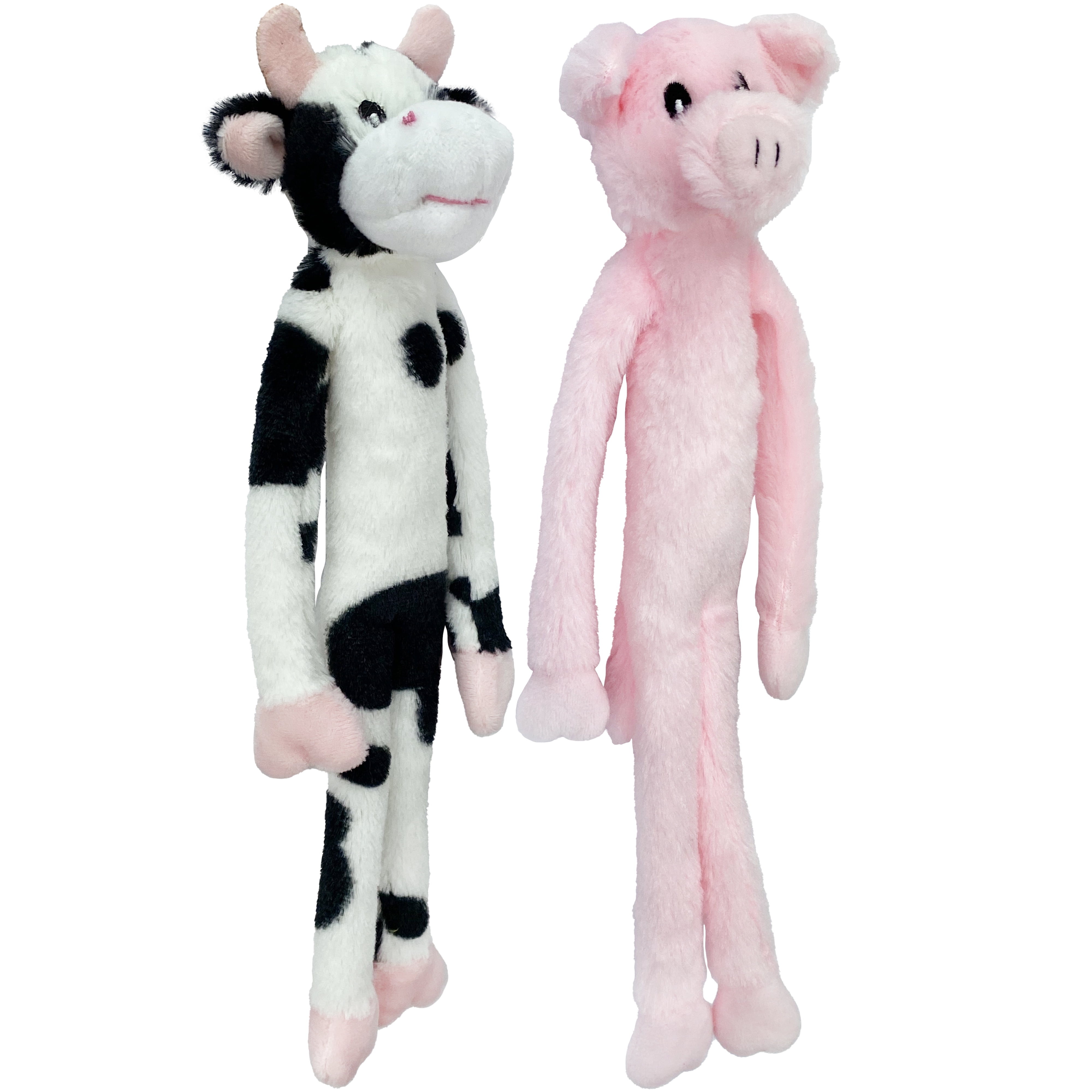 Multipet Plush Dangle Animals, 2 Pack, Plush Dog Toy, Cow and Pig with Squeaker