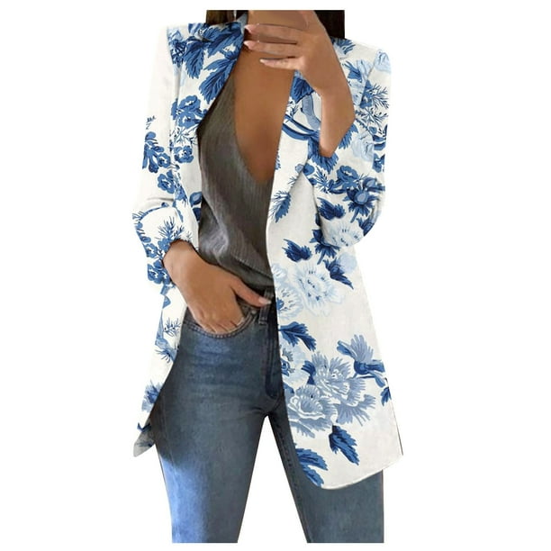 Sacos y Chaquetas de traje Cárdigan estampado con botones y bolsillos para mujer, traje Formal, de manga larga, chaqueta de oficina de negocios, abrigo, blusa,blazer moda(Azul, M)