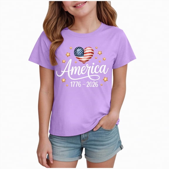 Toddler Girls USA 250th Anniversary T Shirt Patriotic American Flag Graphic Tops Soft Short Sleeve Comfort Tee for 1776-2026 US 250 Years Gifts Gibobby,11-12 Years,Purple
