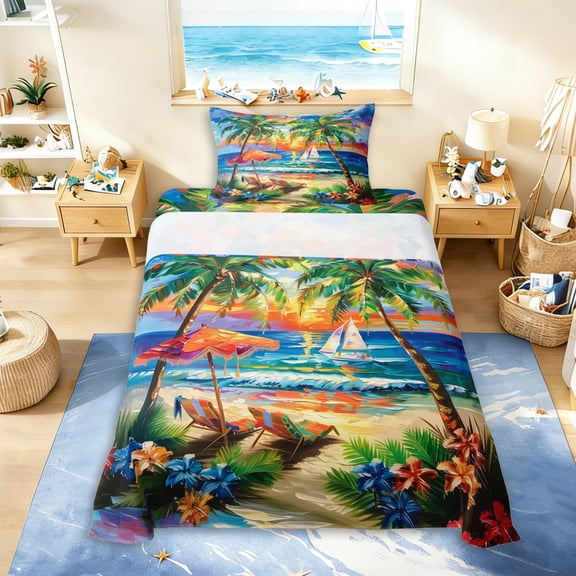 Erosebridal Coastal Flowers Palm Tree Twin Sheet Sets 3pcs For Teens,Boys Girls Ocean Beach Sunset Bedding,Microfiber Bedroom Decor