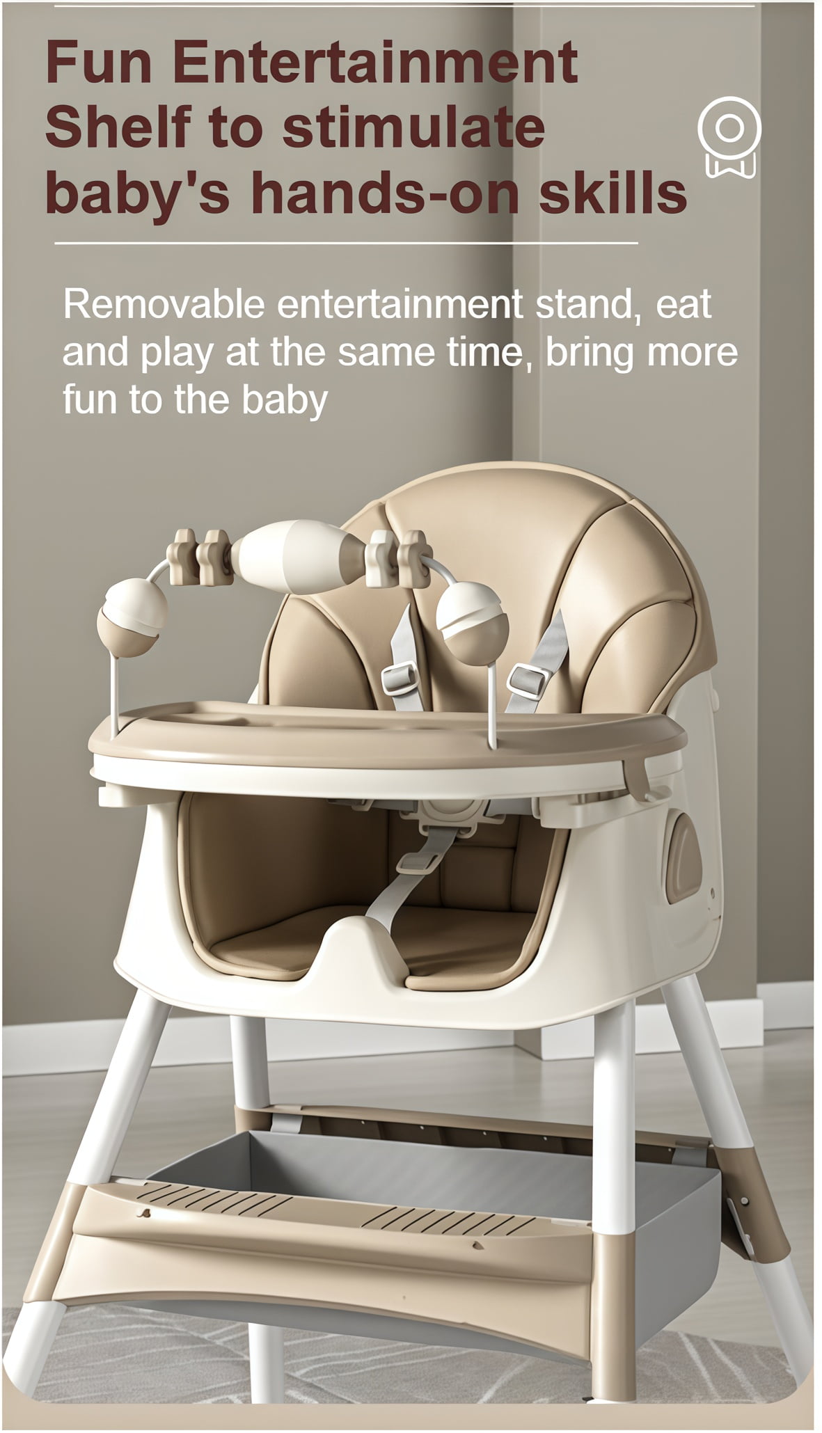 Baby High Chair & Rocking Chair & Baby scooter & Feeding Chair with Toy Rack for Babies and Toddlers,Convertible High Chair Seat,Khaki