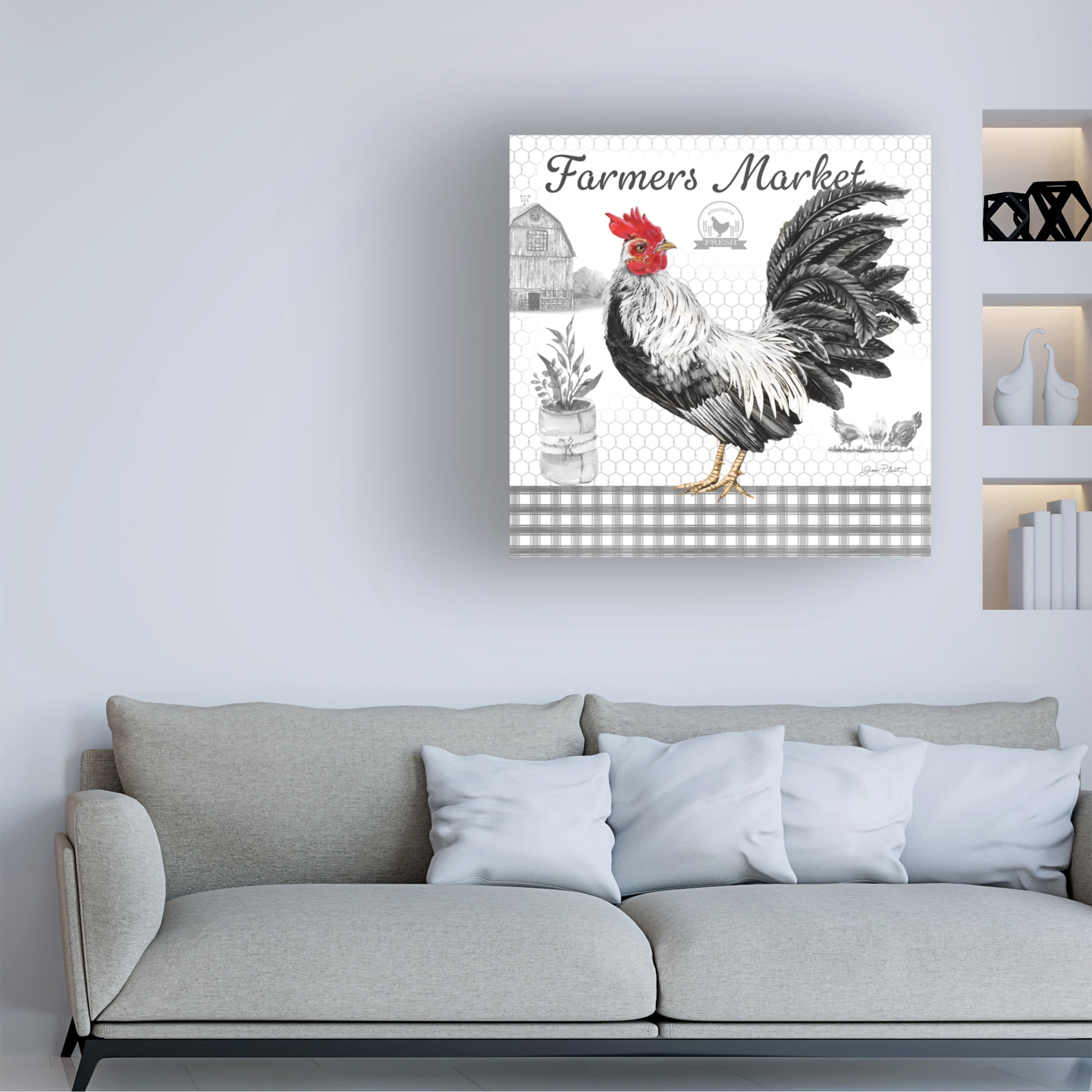 Canvas Wall Art - Jean Plout 'Plaid Country Rooster B' Wall Art for Living Room, Bedroom, or Office Décor by Trademark Fine Art - 18 x 18 Inches