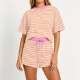 thumbnail image 2 of KIHOUT Women's Striped 2 Piece Outfit Short Sleeve Crew Neck Top and Drawstring Waist Shorts Set Casual Summer Tracksuit Loose Fit Stretchy Pajama Sets for Women Daily Wear Vacation, 2 of 6