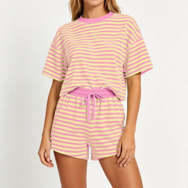 Neewe Lounge Sets for Women Round Neck Striped Short Sleeves Tops and Elastic Drawstring Shorts 2 Piece Sets Oversized Daily Outfits 2026