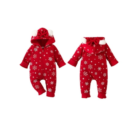 

Baby Girl Christmas Jumpsuit Long Sleeve Hooded Snowsuit Zip-up Romper Clothes Warm Fleece Onesie