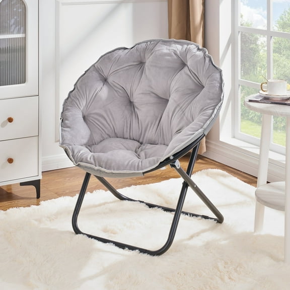 VECELO Folding Chair, Soft Faux Fur Saucer Chair with Metal Frame, Cozy Moon Chair for Bedroom, Living Rooms, Apartments, Garden and Courtyard, Gray