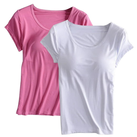 Qetyuw 2 Pack Women Tops with Built in Bra Casual Short Sleeve Crewneck Basic Tees Loose Fit Fitness Yoga Tshirts Solid Comfy Soft Pajama Tops
