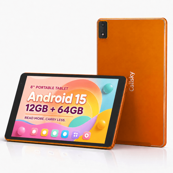 Callsky 8-Inch Android 15 Tablet, 12GB RAM, 64GB Storage, Octa-Core, Orange