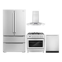 Cosmo 4 Piece Kitchen Appliance Package with 36" Freestanding Dual Fuel Range 36" Wall Mount Range Hood 24" Built-in Integrated Dishwasher & French Door Refrigerator Kitchen Appliance Bundles