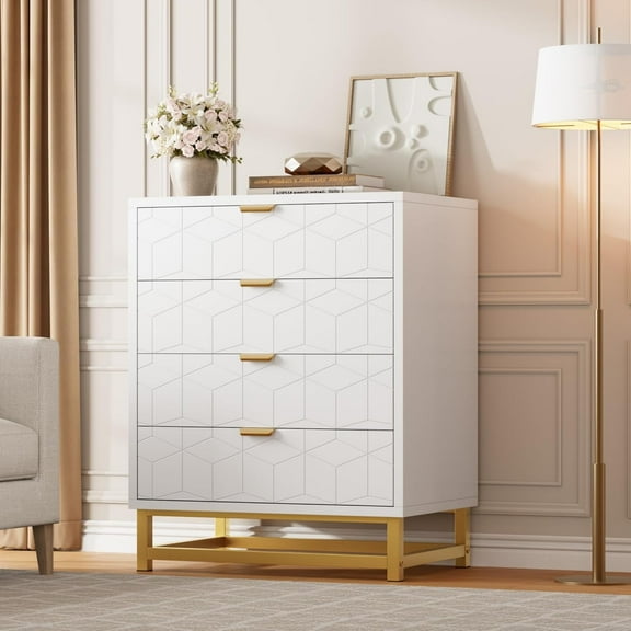 Modern 4 Drawer Dresser, Wide Chest with Gold Metal Legs & Handles, Wood Storage Organizer for Bedroom, Living Room, Hallway, White