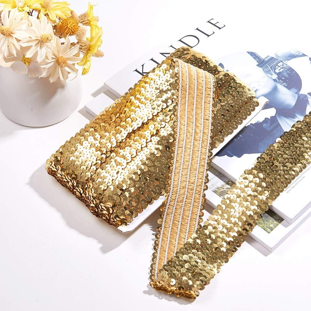 PH Elastic Sequin Flat Glitter Stretch Bling Paillette Fabric Ribbon Applique Trim Lace Band for Dress Embellish Headband (45mm/ 1.7inch Wide 10yard Long Gold) Gold