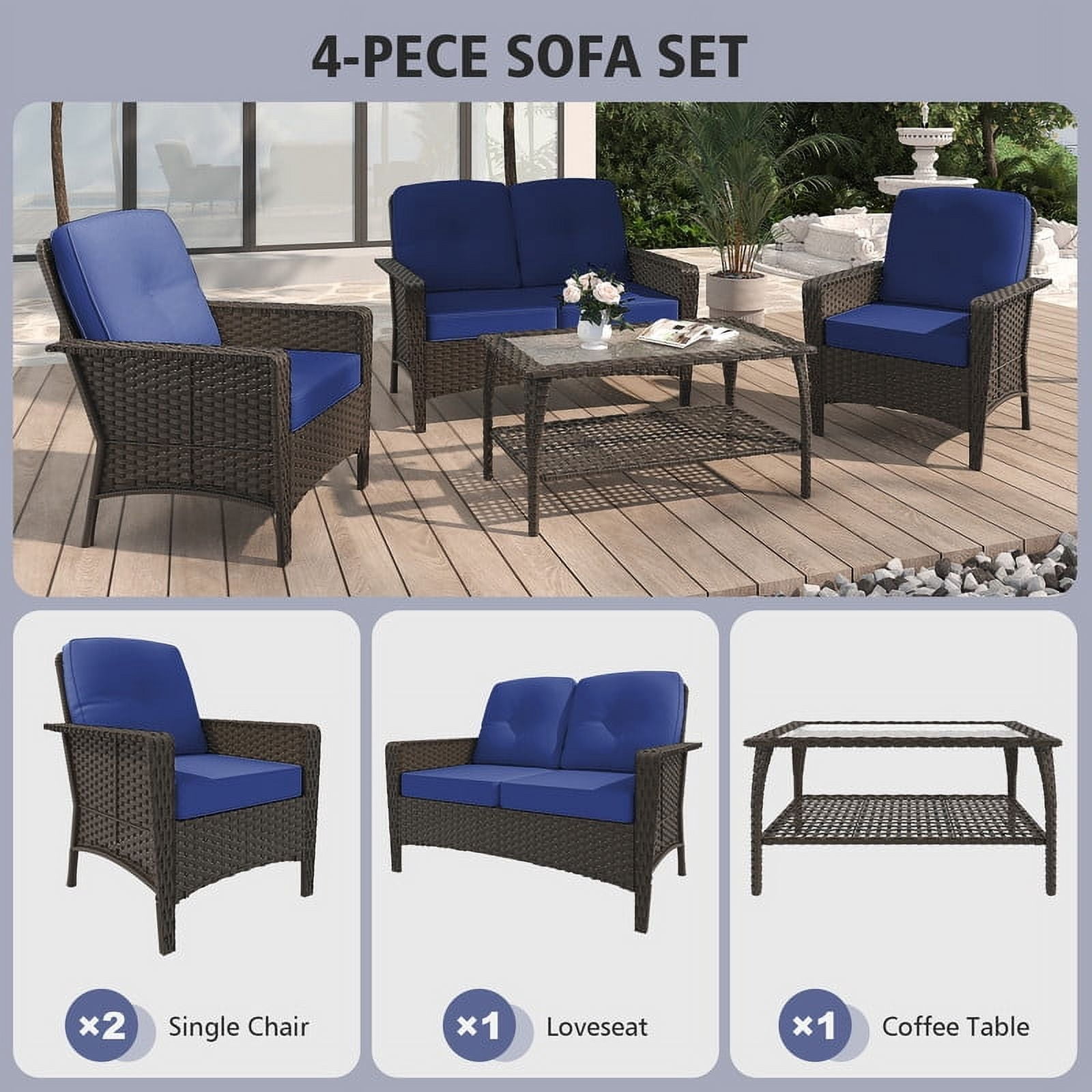 GAZEBETER 4 Piece Outdoor Patio Furniture Set,Wicker Patio Conversation Sets of 4,PE Rattan Wicker Table and Chairs Set with Cushions,Blue
