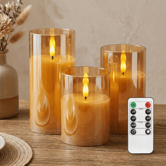 Goyuon Flameless Candles Battery Operated with Remote Control Timer Pillar Warm Flickering Light 3 Pack Gold