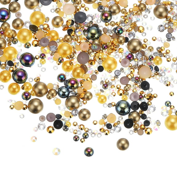 Uxcell 30g Mix Pearls and Rhinestones 3-10mm Resin Flatback Pearls Rhinestones and Half Pearls Gold Black