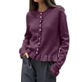 thumbnail image 2 of XUNKUSGA Women Crew Neck Ruffle Trim Knit Cardigan Fashion Pearl Button Front Long Sleeve Cropped Cardigan Sweaters for Women Soft Stretchy Cardigan for Women Wine Free Size, 2 of 7