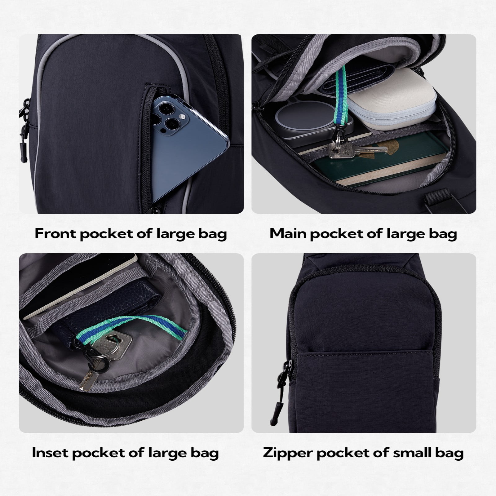 WATERFLY Unisex Lightweight Travel Hiking Nylon Cross-Body Shoulder Chest Bag,Black