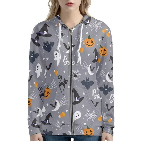 Renewold Witch Hats Full Zip Hoodie Jackets for Women Trendy Halloween Theme Crewneck Long Sleeve Activewear Coat Soft Hoody Top Sweatshirt Outerwear Size XS
