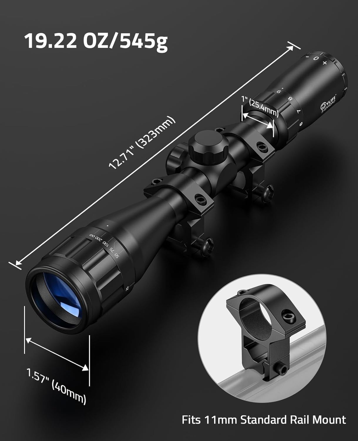 SharpOptics 3-9x40AO Rifle Scope Optics R4 Reticle Crosshair Scope with Mounts