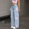 thumbnail image 5 of WTOBBY Women's Street Style Bow Washed Loose Straight Wide Leg Jeans, Trendy and Edgy Look for a Fashionable Outfit, Comfortable Fit with Decorative Accents,Sky Blue L, 5 of 6