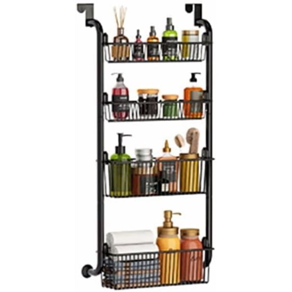 Trilenars 4 Layers Pantry over the Door Organizer with 2 Suction Cups,Metal Over the Door Spice Rack with Adjustable Baskets,Behind Door Organizer Hanging- for Kitchen Bathroom,Black