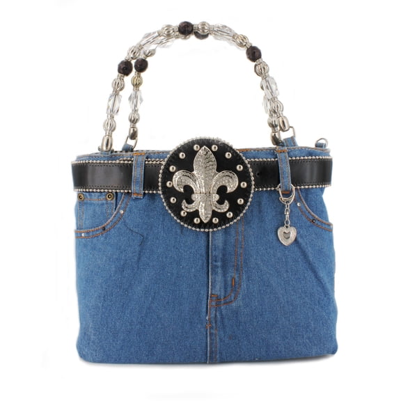 Denim Jean Purse w/ Rhinestone Fleur De Lis Charm Belt - BG-BJ143MBK