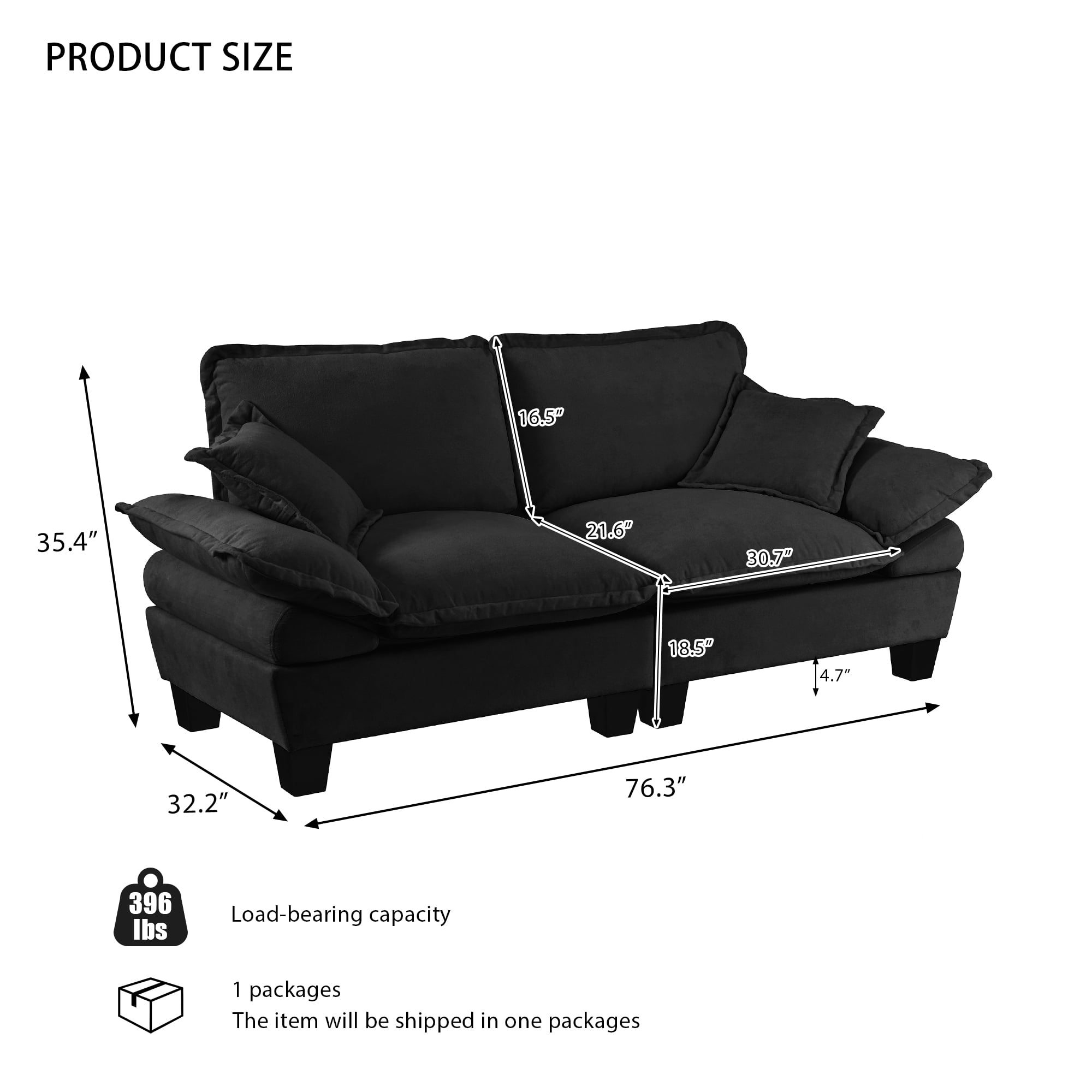 AISWORD 2 Seater Loveseat Sofa, Comfy Small Couch, Modular Sectional Love Seat with Pillows for Bedroom, Apartment, Office, Small Spaces, Black