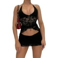 thumbnail image 4 of Women Tops Skirt Suit, Sleeveless Off Shoulder Hanging Neck Lace Crop Vest + Wrapped Solid Color Short Skirt Outfit, 4 of 7