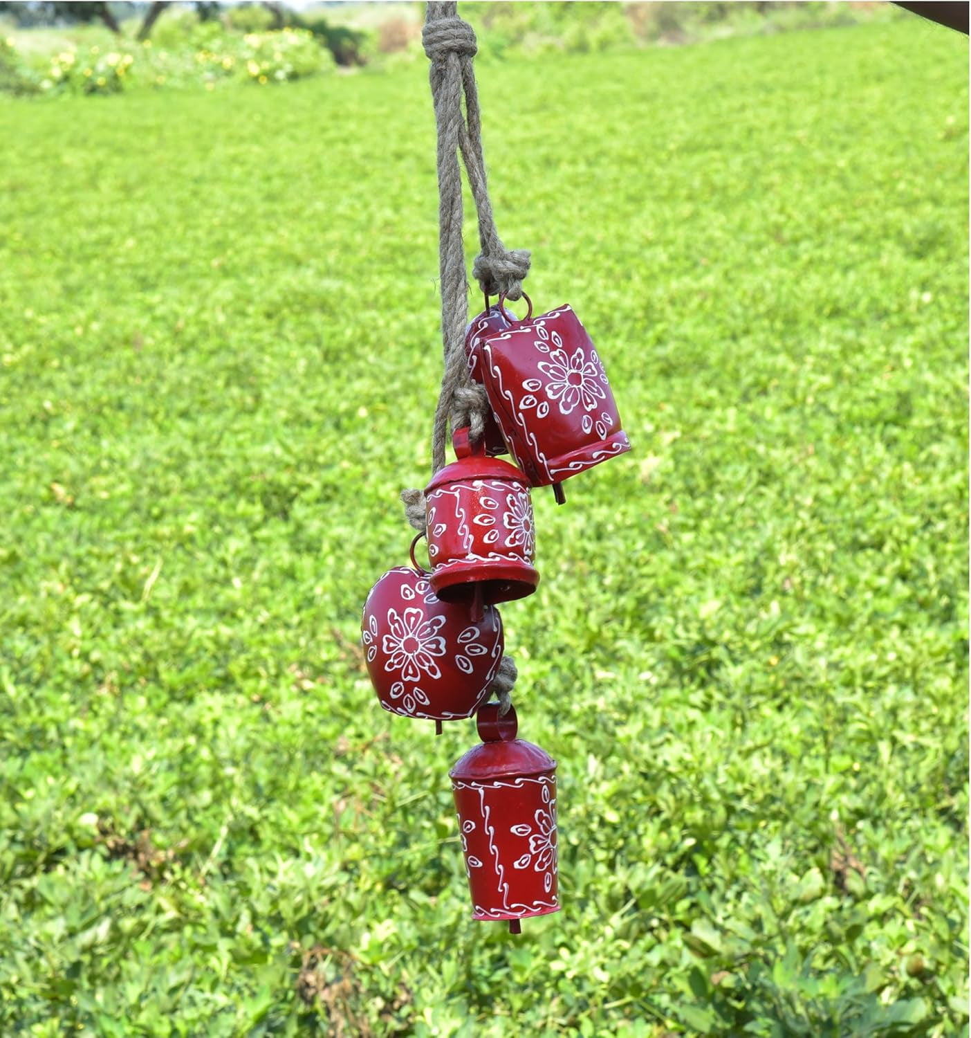 Vivanta Metal Vintage Rustic Cow Bell Wind Chime, Red, 25 inch, 5 Jingle Bells Boho Hanging, Outdoor Indoor Decor for Garden Door Porch Farmhouse and Meditation
