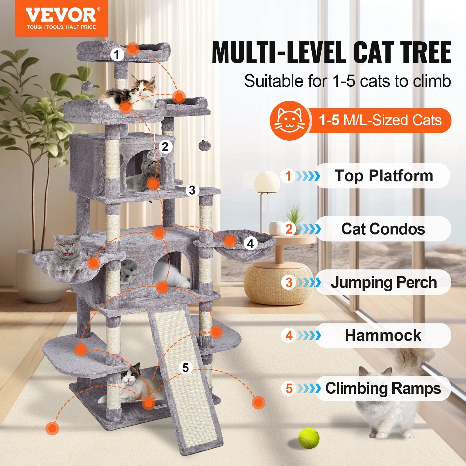 68.5" Tall Cat Tree Tower with 2 Condos, Scratching Posts, Perches, Plush Ramp & Dangling Toy for Indoor Cats