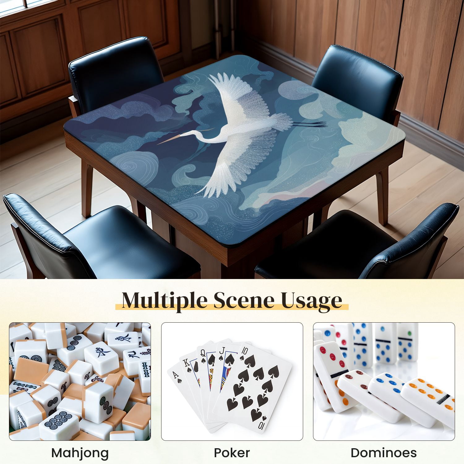 Chinoiserie Mahjong Mat 31.5" x 31.5" Graceful Crane Flight Amidst Calm Gradient Sky Swirling Clouds Non-Slip Noise Reduction Mahjong Tiles Table Cover for Dominoes Poker Card Board and Tile Games