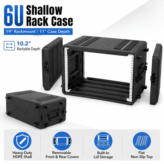 Rack Case, 6U Rack Case Shallow 12" Depth, 19" Rackmount Flight Cases, Durable HDPE Watertight Dust-Proof 6U Shock Mount Racks with Microphone Compartments