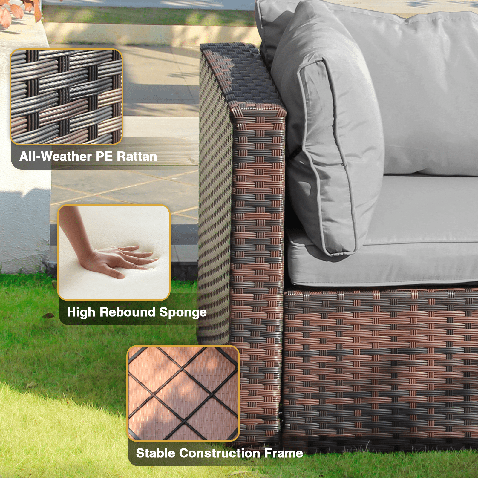 Gaildon 5 Piece Patio Furniture Set with Fire Pit Table, All Weather Outdoor Sectional PE Rattan, Patio Conversation Sets with Cushions for Garden Lawn Balcony Porch Deck, Grey