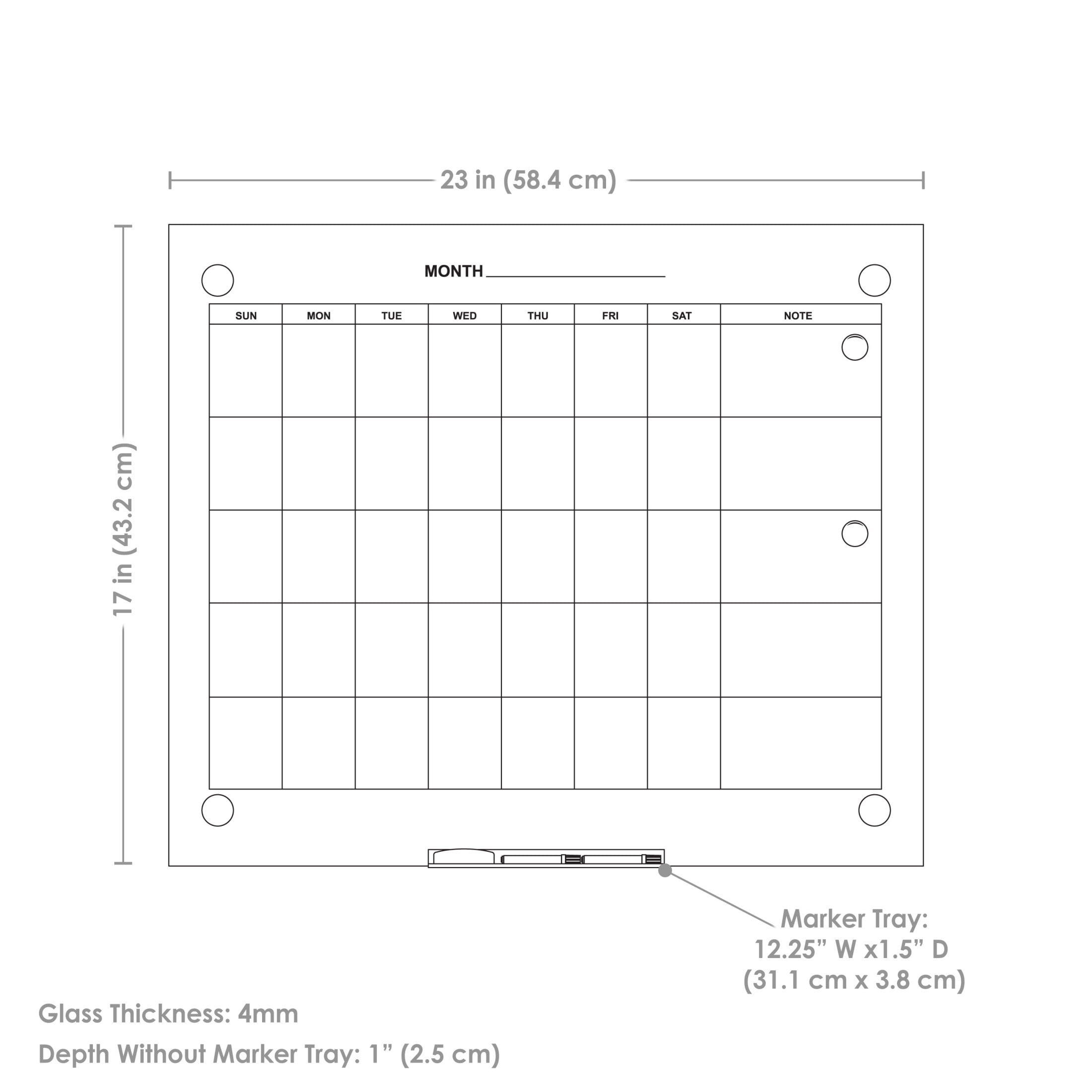 Sunnydaze Glass Calendar Dry Erase Board for Wall, 23" x 17" (White)