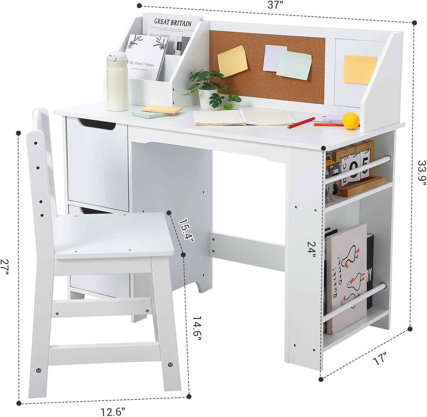 ChaoLink Kids Study Desk and Chair Set, Wooden School Learning Table with Storage, Hutch and Bulletin Board, Children Computer Desk with Chair, Small Toddler DeskWhite