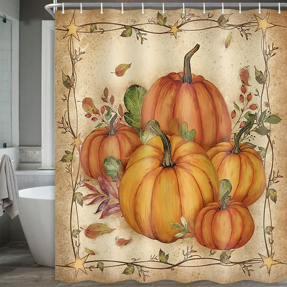 Fall Shower Curtains for Bathroom, Autumn Pumpkin Harvest Farmhouse Thanksgiving Halloween Fabric Shower Curtain with Hooks Set, 72X72in