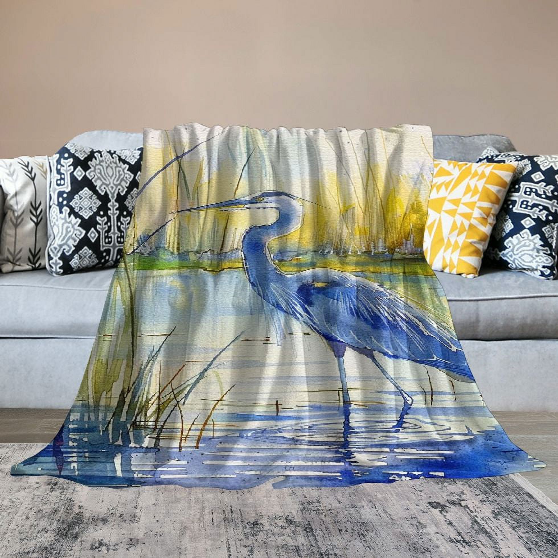 Nawypu  Throw Blanket Heron Watercolor Blue Heron Crane Bird Animal Wildlife Leaves Water Nature Cozy Throw Blanket for Couch Bed Sofa Car Soft Throw Blanket Flannel