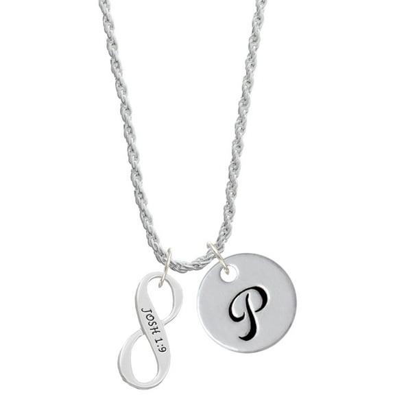 Delight Jewelry Silvertone Joshua 1:9 Infinity Sign Silvertone Script Initial Disc - P - Charm Necklace, 20" 3"