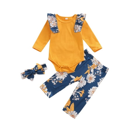 

Fanvereka Newborn Baby Infant Long Sleeve Romper + Pants + Bow Hairband Sweet Flower Print Ruffle Decoration Costume