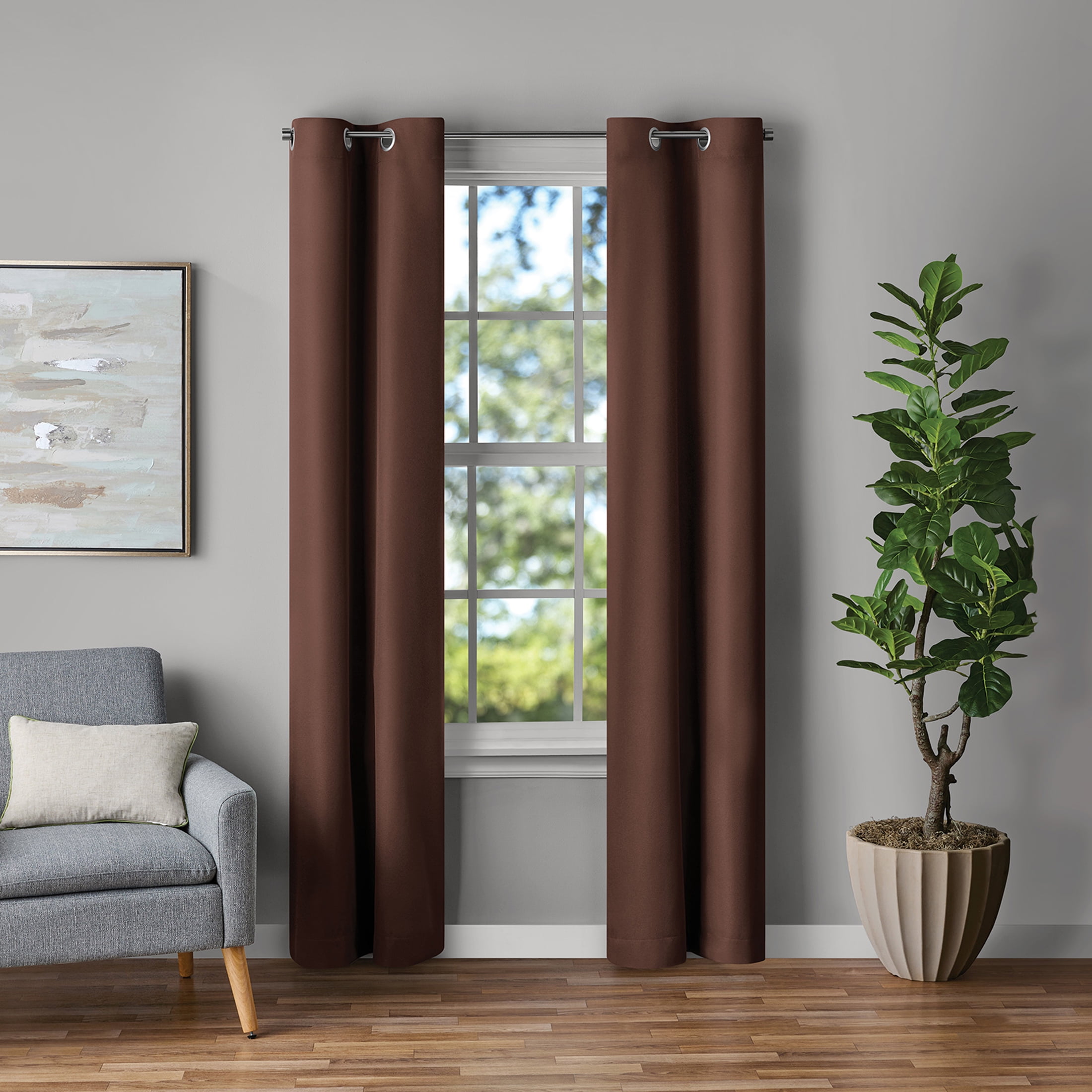 Mainstays Brown Solid Blackout Grommet Curtain Panel Pair, Set of 2, 30" W x 84" L