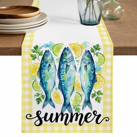 Summer Farmhouse Table Runner 72 Inches, Blue Fish Lemon Mint Leaves Yellow Plaid Bed Runner Dresser Scarves Tabletop for Indoor Outdoor Parties/Ceremony/Banquet, 16" x 72"