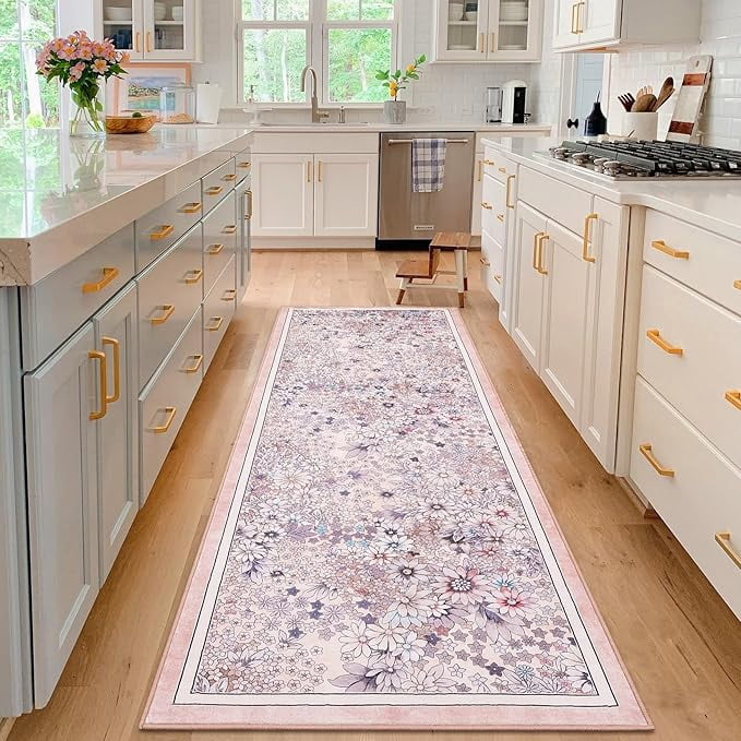 8'x 10' Runner Rug for Hallways Kitchen Non Slip Washable Rugs with Rubber Backing Soft Floral Carpet Runner for Hallways, Kitchen, Laundry, Bedroom, Bathroom-Light Pink